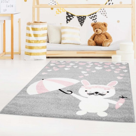 Tapis enfant Bubble lapin gris rose