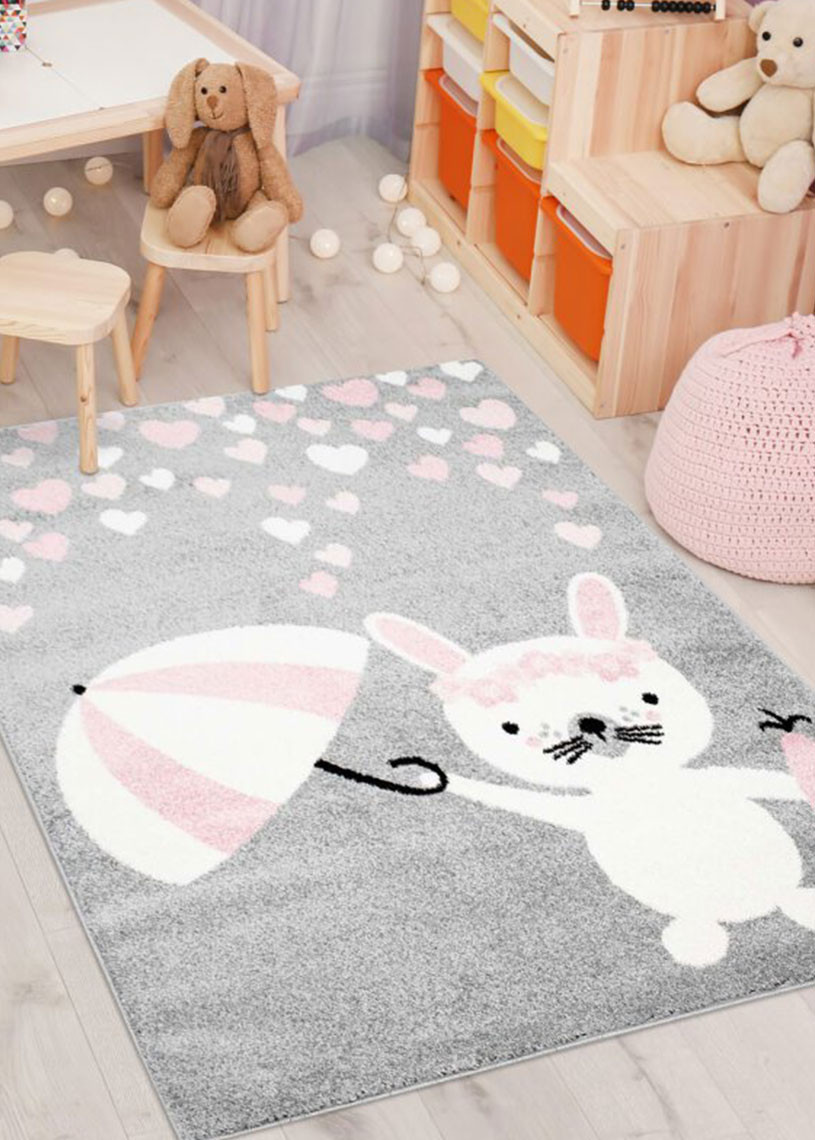 Tapis enfant lapin gris rose - BUBBLE kids