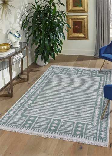 Tapis réversible kilim aztèque crème et vert COLORADO 06