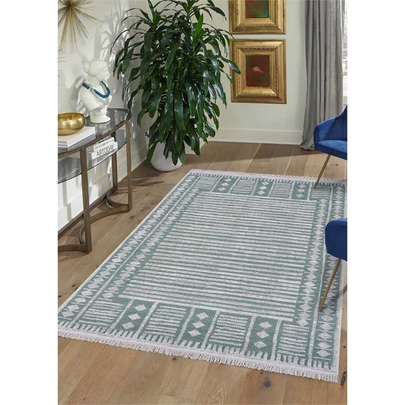 Tapis réversible kilim aztèque crème et vert COLORADO 06