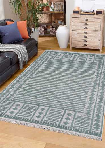 Tapis réversible kilim aztèque crème et vert COLORADO 06