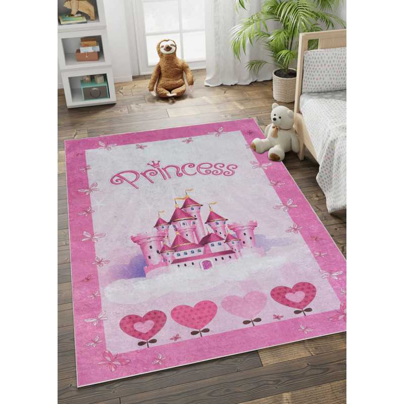 Tapis enfant lavable rose château MIA