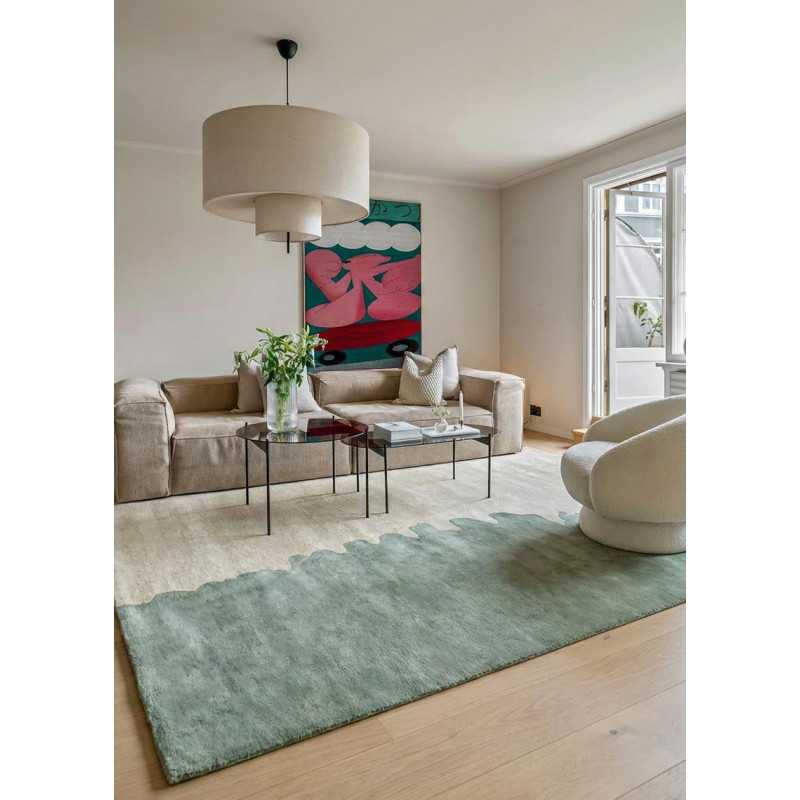 Tapis en laine vert d'eau crème fait main MURAY