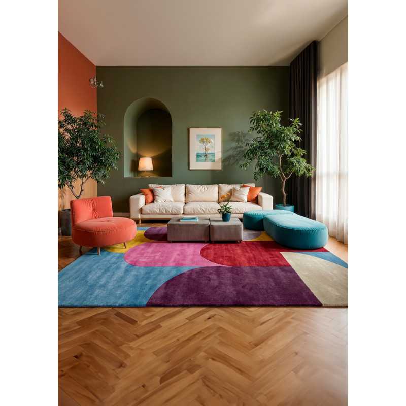 Tapis en laine fait main à motifs géométrique multicolore PAMOKA