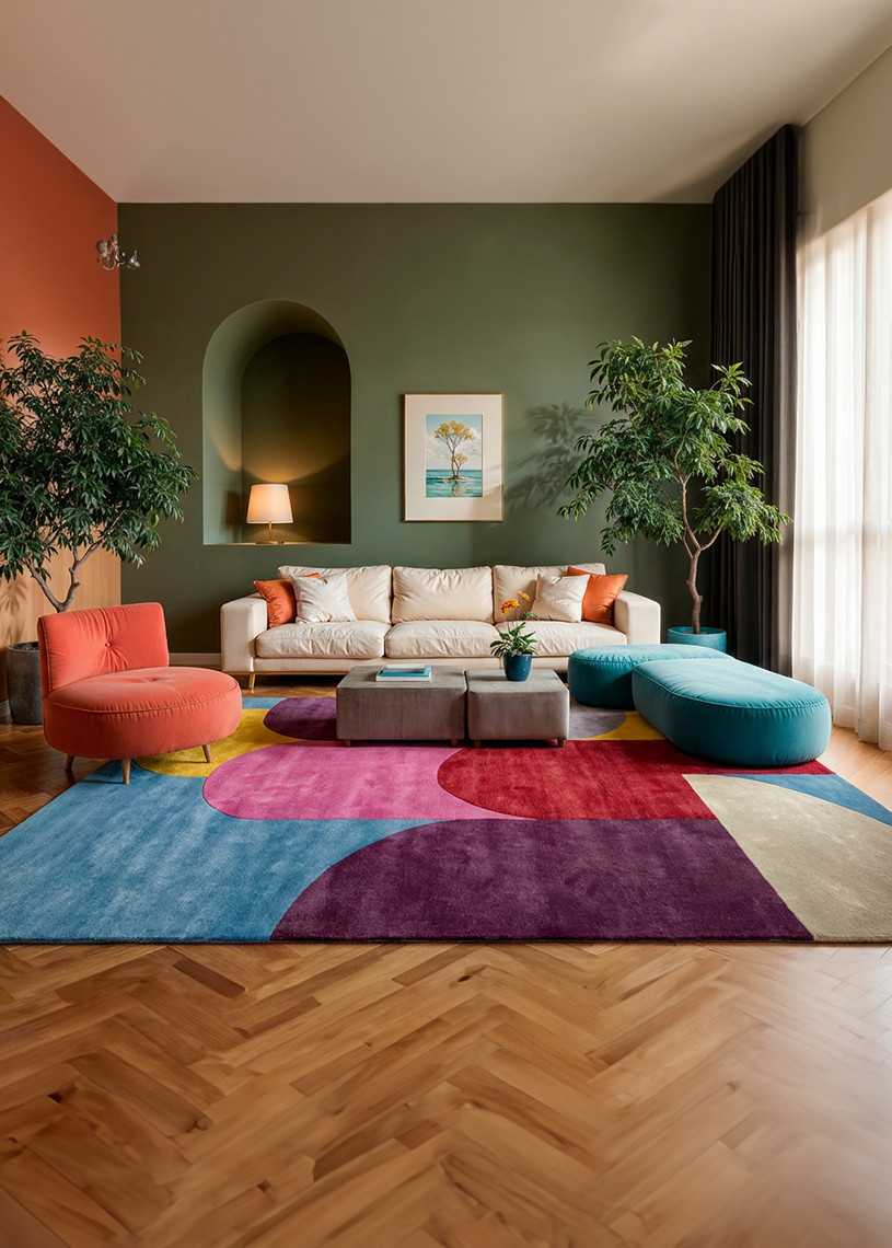 Tapis en laine fait main à motifs géométrique multicolore PAMOKA