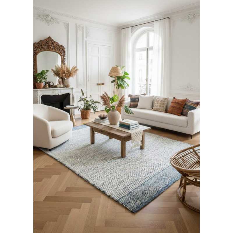 Tapis en laine et jean recyclé fait main AZURYA