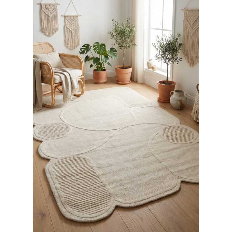 Tapis organique moderne crème en laine fait main MALAKI
