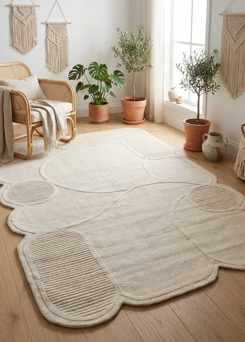 Tapis organique moderne crème en laine fait main MALAKI