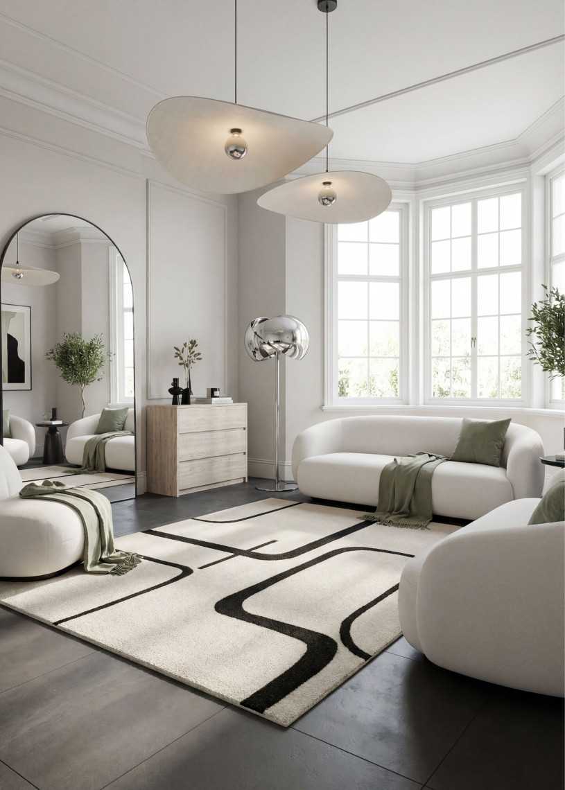 Tapis en laine moderne crème noir fait main ARAGONE