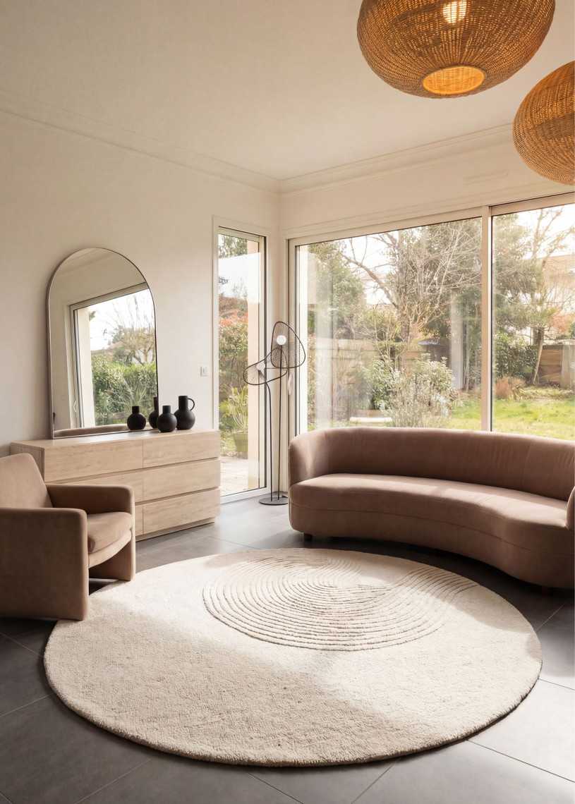 Tapis en laine fait main rond crème - FOSSILE