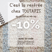 Préparez la rentrée avec TOUTAPIS! 📚
-10% SUR TOUT LE SITE avec le code promo RENTREE !
 (Code non cumulable avec les promos en cours) 

C’est l’occasion de trouver un tapis à petit prix ! 

#rentreescolaire #toutapis #tapis #bonplan #promo #decoration